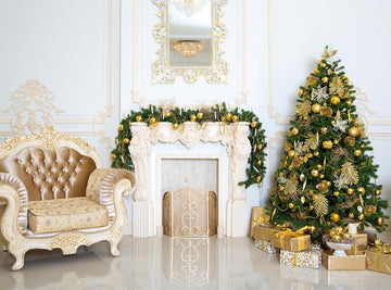 Fireplace Christmas Tree Golden Backdrops Photography Background IBD-24115 - iBACKDROP-chri, chris, christ, christm, Christmas Backdrops, Christmas Background, christmas tree backdrop, fireplace backdrop, Flower Background, New Arrivals, old, photography backdrops, vintage, wall, wall backdrop